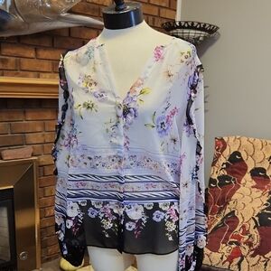 WHBM Purple Pink Black Floral Sheer Blouse Size Medium Hidden Buttons Ruffles